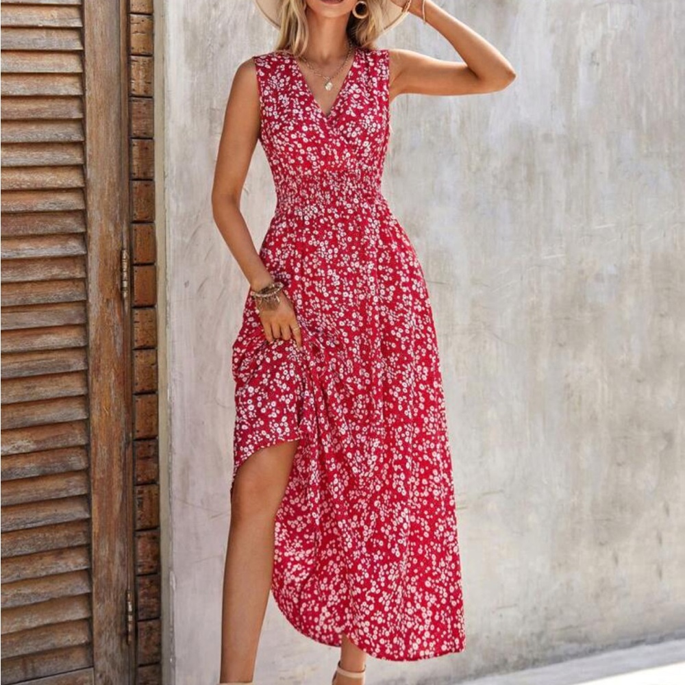 boho Floral Print Shirted Waist Sleeveless maxi Dress - Picture 1 of 6
